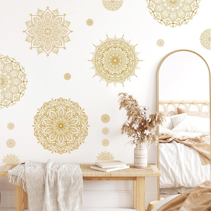 Kazova Large Mandala Wall Sticker Peel and Stick Boho Lotus Flower Wall Stickers Decor Mandala Floral Window Decals Clings Headboard Gold Mandala Wall Art Decal for Bedroom Living Room Yoga Decoration - Image 1