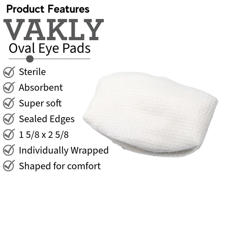 Vakly 100 Sterile Oval Eye Pads - Soft Absorbent 2 5/8 x 1 5/8 Eye Shaped Medical Gauze Pad with Thick Protective Filler, Individually Wrapped - Shaped for Comfort, Compressed Edges to Reduce Lint - Image 2