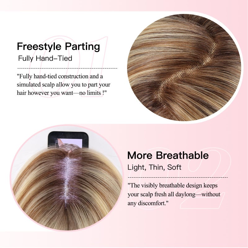 EMMOR 14 Inch Human Hair Topper for Women with 4 Ã— 5 Inch Hand-Tied Base, 100% Real Hair Topper for Thinning Hair with 4 Non-Slip Clips, Natural Looking Hairpieces(Ombre Blonde Mixed Brown) - Image 2