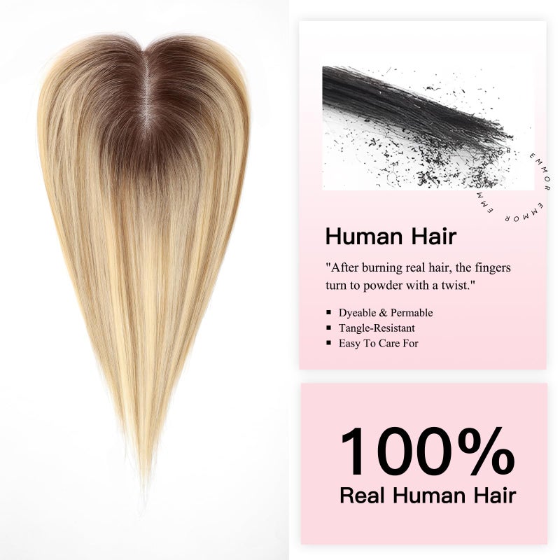 EMMOR 14 Inch Human Hair Topper for Women with 4 Ã— 5 Inch Hand-Tied Base, 100% Real Hair Topper for Thinning Hair with 4 Non-Slip Clips, Natural Looking Hairpieces(Ombre Blonde Mixed Brown) - Image 4
