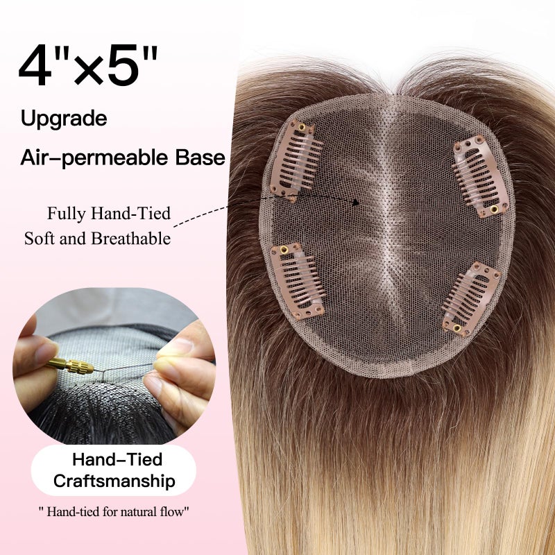 EMMOR 14 Inch Human Hair Topper for Women with 4 Ã— 5 Inch Hand-Tied Base, 100% Real Hair Topper for Thinning Hair with 4 Non-Slip Clips, Natural Looking Hairpieces(Ombre Blonde Mixed Brown) - Image 3