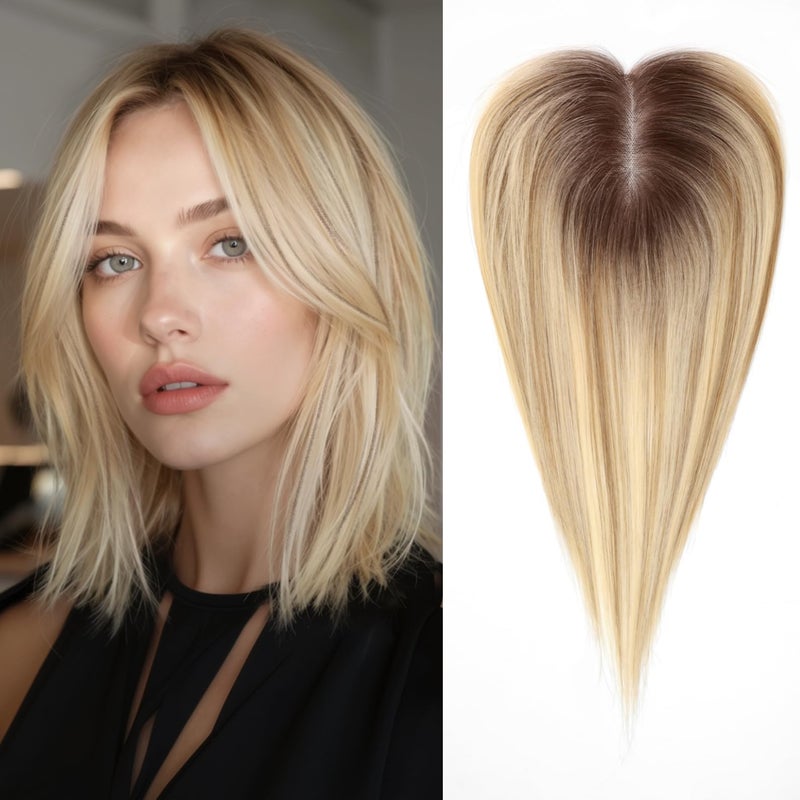EMMOR 14 Inch Human Hair Topper for Women with 4 Ã— 5 Inch Hand-Tied Base, 100% Real Hair Topper for Thinning Hair with 4 Non-Slip Clips, Natural Looking Hairpieces(Ombre Blonde Mixed Brown) - Image 1