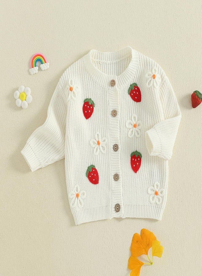 Nyapruwe Infant Baby Girl Cardigan Sweaters Toddler Floral Embroidery Button Up Knit Tops Fall Winter Knitwear Clothes (White F-Strawberry, 3-4 Years) - Image 3
