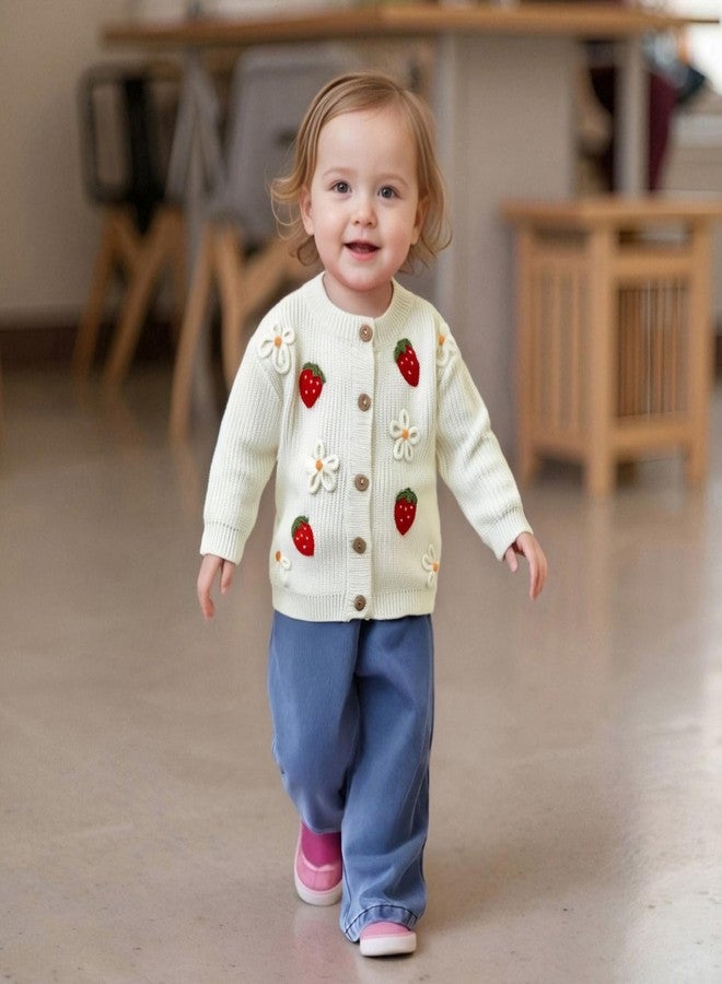 Nyapruwe Infant Baby Girl Cardigan Sweaters Toddler Floral Embroidery Button Up Knit Tops Fall Winter Knitwear Clothes (White F-Strawberry, 3-4 Years) - Image 2