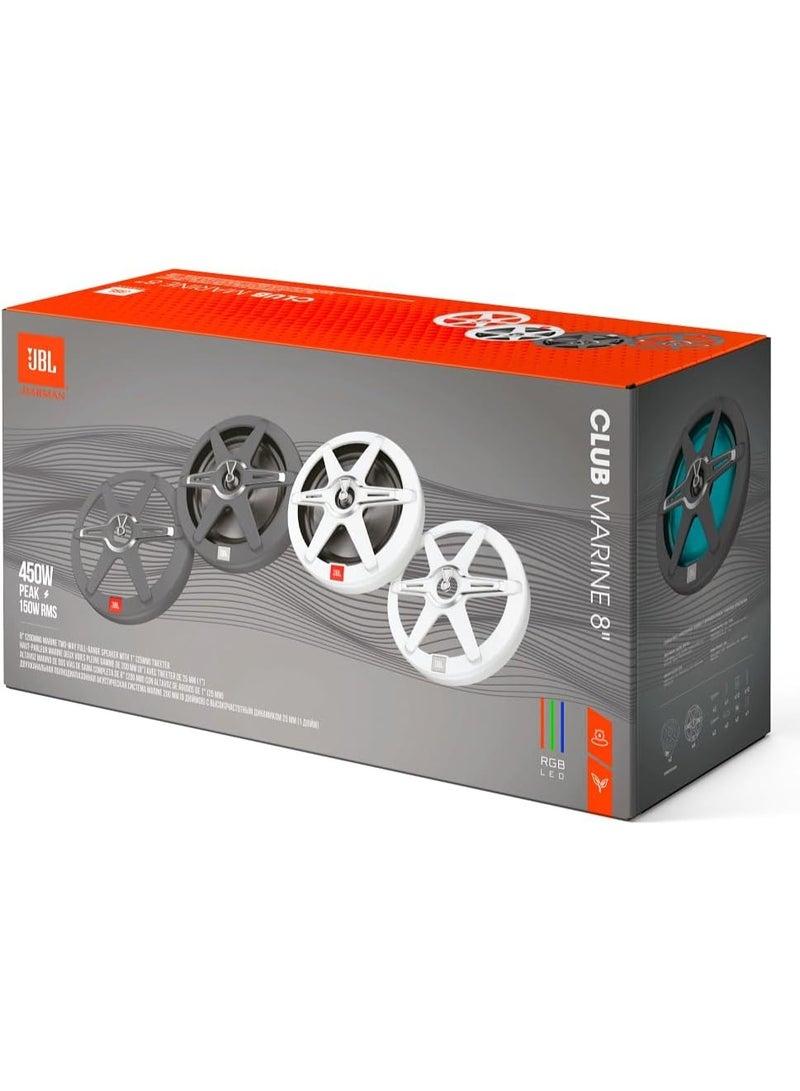 جي بي إل مكبر صوت كلوب مارين، 8 بوصات، ثنائي الاتجاه، مقاوم للماء، مقاوم للعوامل الجوية، 450 واط، IPx5، إضاءة LED بسبعة ألوان. - Image 3