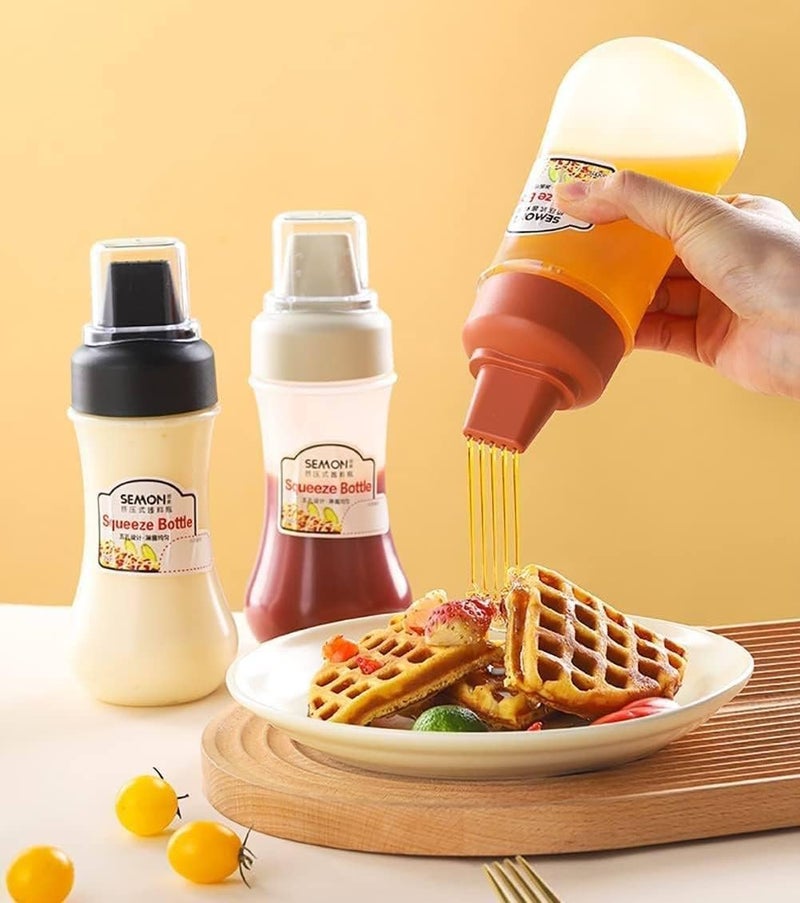 KRUPAVI Kitchen Sauce Bottle Dispenser Plastic Multipurpose Squeeze Sauce Bottle Ketchup Mayonnaise Refillable Dispenser with Leak Proof Cover Cap Honey Oil Sauce Dispenser Bottle Pack of 3 - Image 1