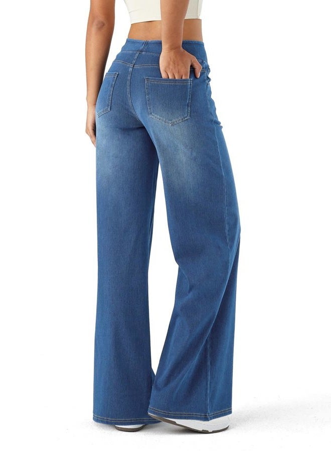 LERYG Large Wide Leg Jeans for Women,High Waisted and Slimming Straight Tube,Loose fit,High Elasticity Casual Denim Pants., Medium Blue, XL - Image 2