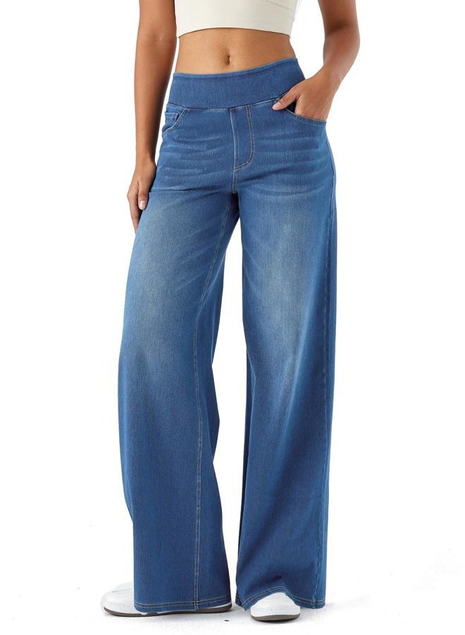 LERYG Large Wide Leg Jeans for Women,High Waisted and Slimming Straight Tube,Loose fit,High Elasticity Casual Denim Pants., Medium Blue, XL - Image 1
