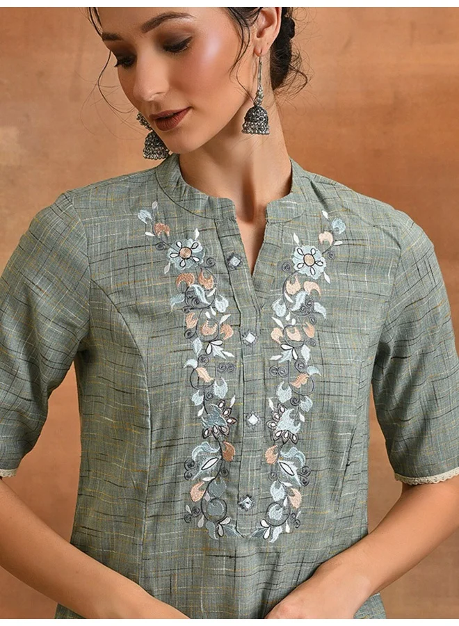 AKS Grey Embroidered A-line Kurta