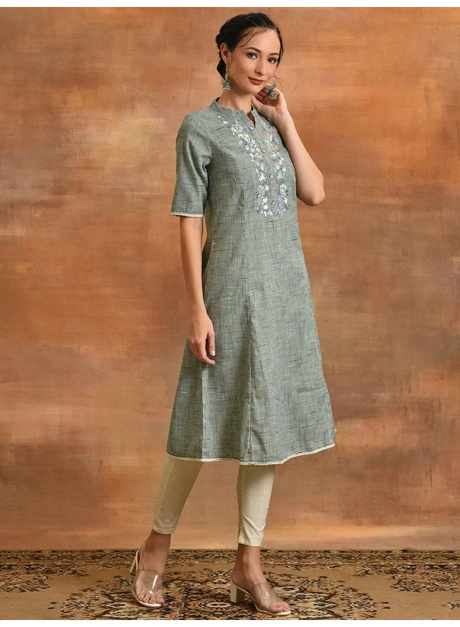AKS Grey Embroidered A-line Kurta