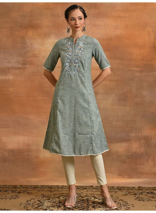AKS Grey Embroidered A-line Kurta