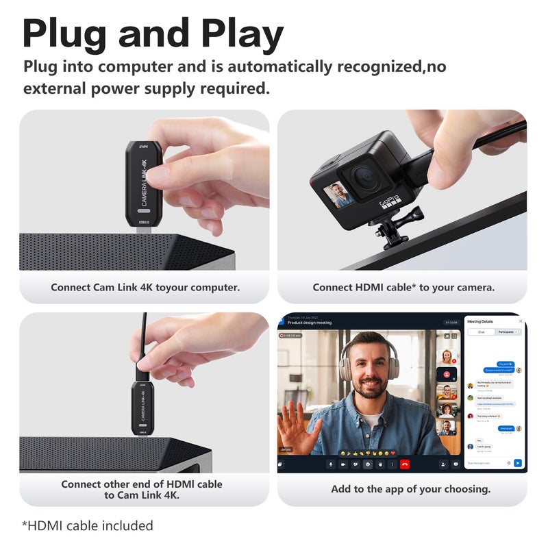 VIXLW Cam Link 4K â€“ External Capture Card for DSLR Camcorder ActionCam as Webcam, HDMI to USB 3.0, Meet/Stream/Record in 4K60/4K30/1080p120, Easy Connect for OBS/Zoom, Windows/Mac - Image 3