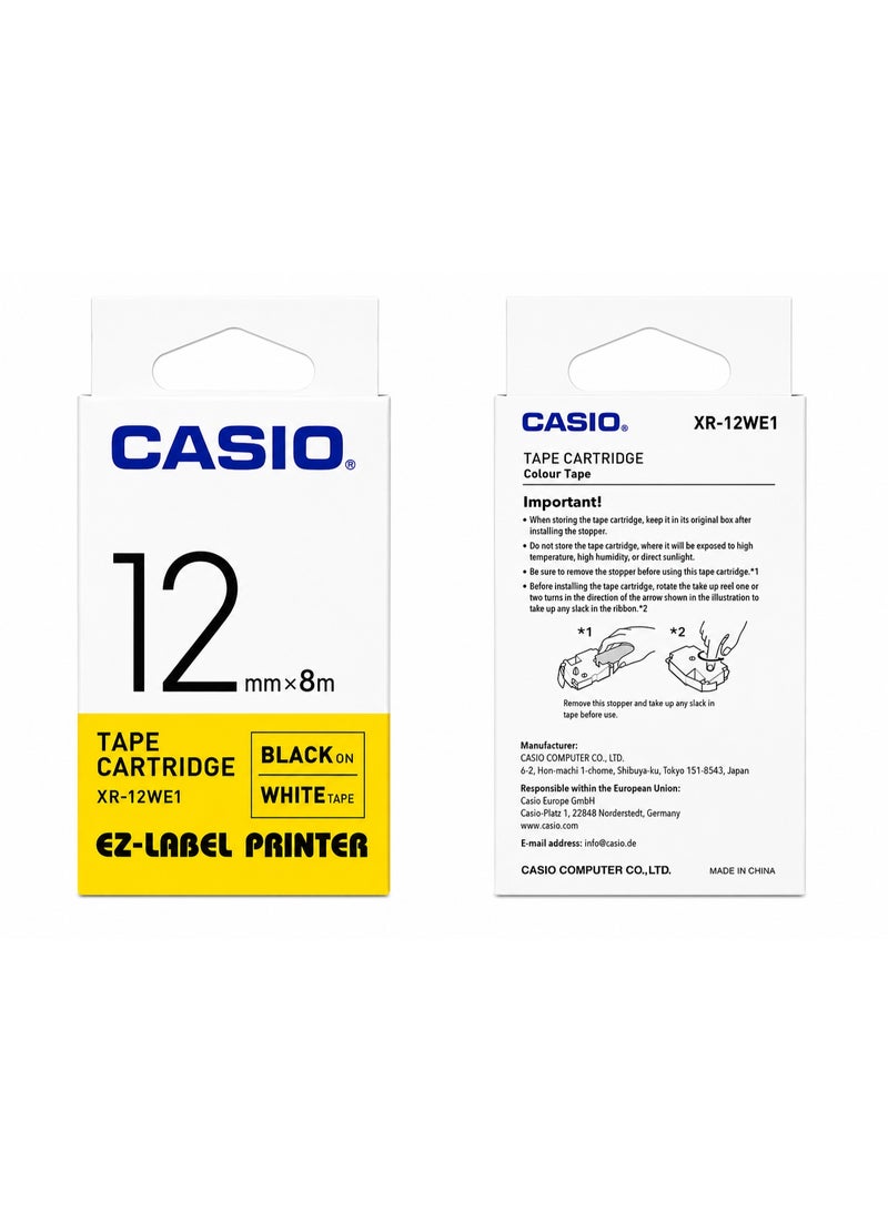 CASIO Tape Cartridge XR-12WE1, Black on White, 12mm x 8m