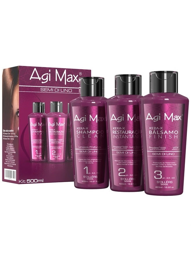 AGI Max Brazilian Natural Keratin Hair Treatment Kit for Straightening Curls and Frizz, Reducing Dry Damage, Nourish and Hydrate Root to Tip, Support Color Treated Styles - 1 liter - 3 Steps (3 x 500m - Image 1