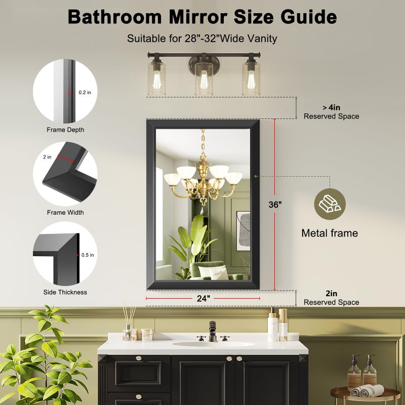 ERZERT Black Bathroom Mirror for Over Sink, 24x36Inch Thick Anti-Rust Metal Frame, Rectangle Decorative Wall Mirror with HD Tempered Glass Horizontal or Vertical Mount for Vanity, Bedroom, Living Room - Image 3