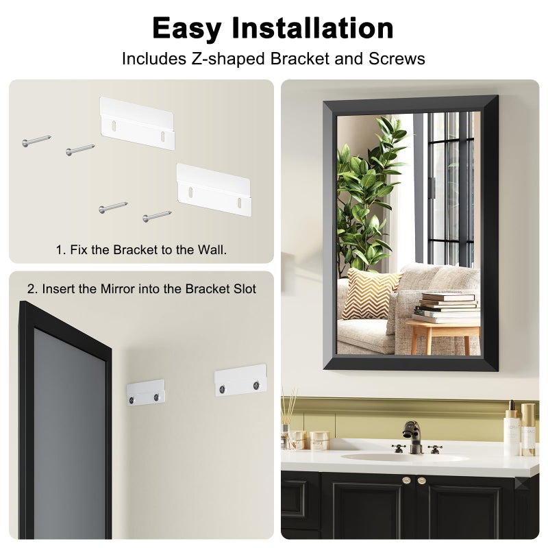 ERZERT Black Bathroom Mirror for Over Sink, 24x36Inch Thick Anti-Rust Metal Frame, Rectangle Decorative Wall Mirror with HD Tempered Glass Horizontal or Vertical Mount for Vanity, Bedroom, Living Room - Image 5