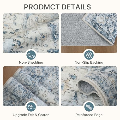BESBLEE 9x12 Area Rugs for Living Room, Machine Washable Non Slip Vintage Rugs, Low Pile Lightweight Print Rug for Bedroom, Dining Room, Home Office, Blue - Image 4