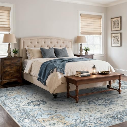 BESBLEE 9x12 Area Rugs for Living Room, Machine Washable Non Slip Vintage Rugs, Low Pile Lightweight Print Rug for Bedroom, Dining Room, Home Office, Blue - Image 2
