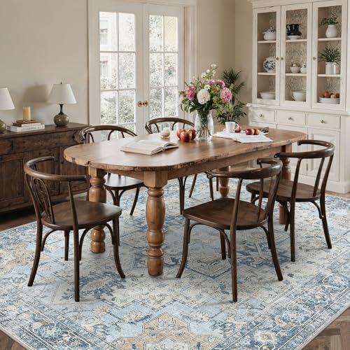 BESBLEE 9x12 Area Rugs for Living Room, Machine Washable Non Slip Vintage Rugs, Low Pile Lightweight Print Rug for Bedroom, Dining Room, Home Office, Blue - Image 3