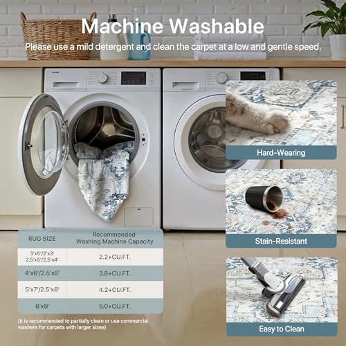 BESBLEE 9x12 Area Rugs for Living Room, Machine Washable Non Slip Vintage Rugs, Low Pile Lightweight Print Rug for Bedroom, Dining Room, Home Office, Blue - Image 5