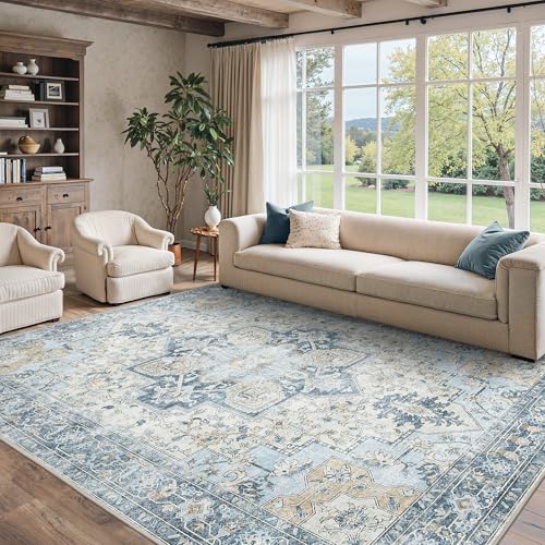 BESBLEE 9x12 Area Rugs for Living Room, Machine Washable Non Slip Vintage Rugs, Low Pile Lightweight Print Rug for Bedroom, Dining Room, Home Office, Blue - Image 1
