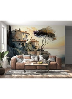 Home Gallery Stunning Landscape Painting With Seaside City Silhouette Fabric Wallpaper Covers An Area ​​Up To 4.2Mx3M With Adhesive  And Smoothing Tool  - Image 1