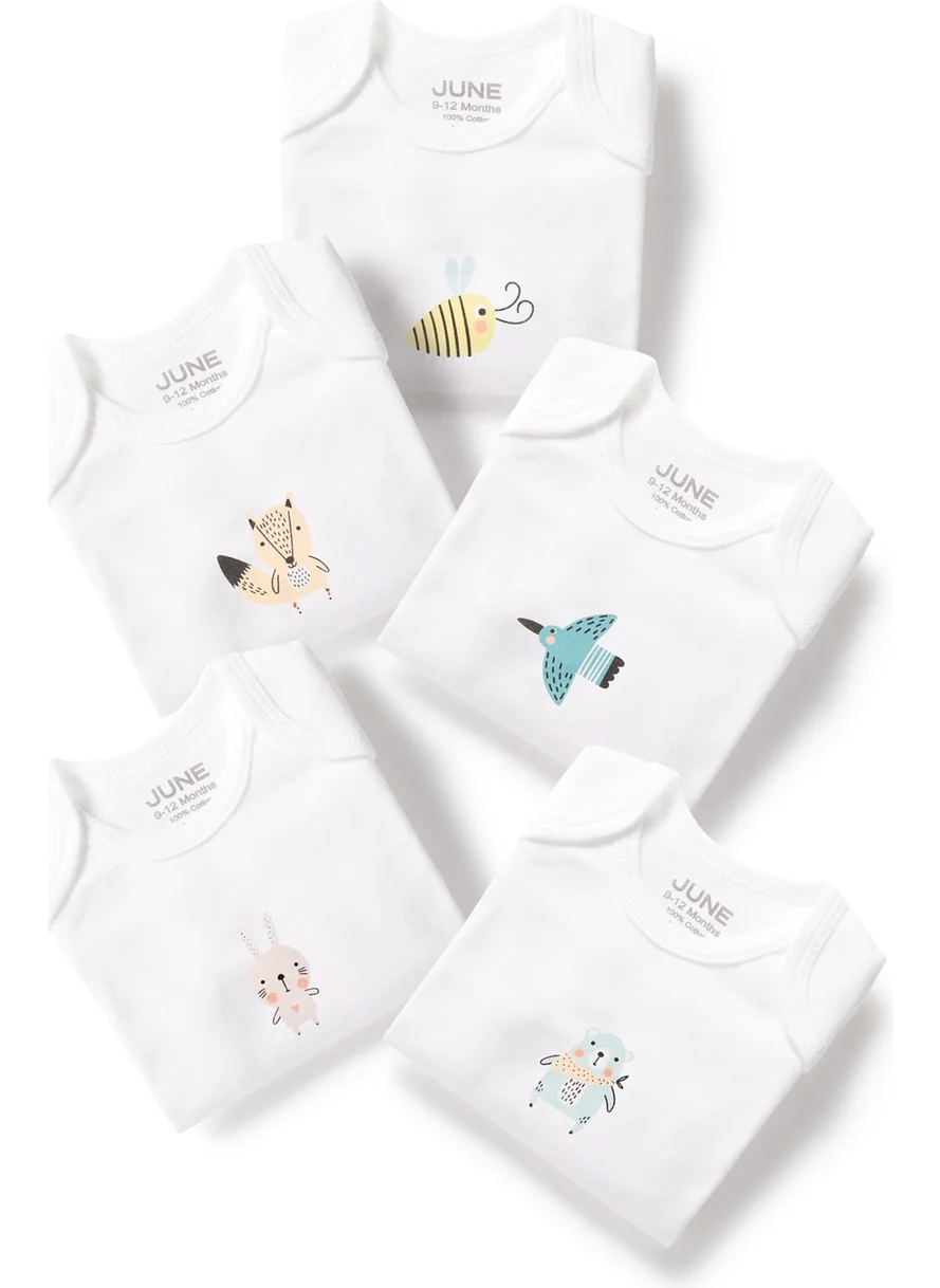 JUNE Baby Envelope Collar 5-Piece Long Sleeve Pastel Colored Animal Printed Bodysuit