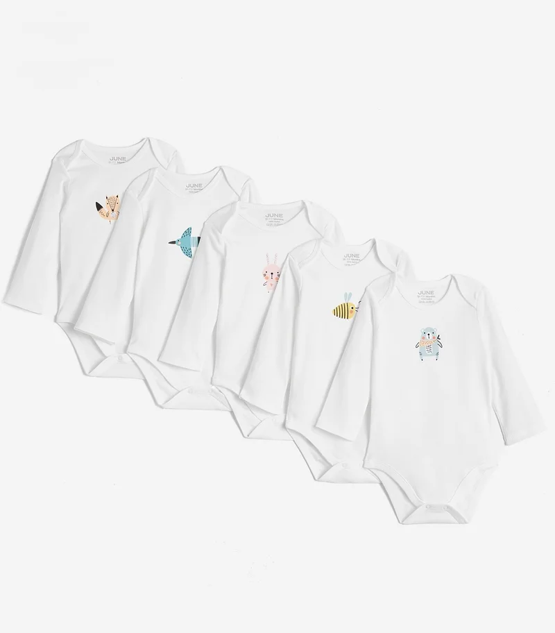 جون Baby Envelope Collar 5-Piece Long Sleeve Pastel Colored Animal Printed Bodysuit