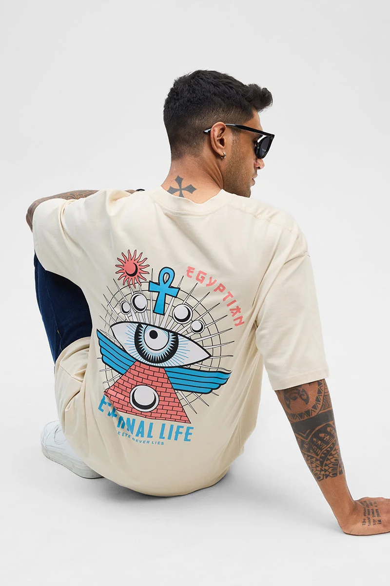 SNITCH Cream Graphic Half Sleeve Oversized Casual T-Shirt