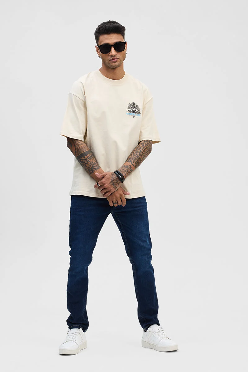 SNITCH Cream Graphic Half Sleeve Oversized Casual T-Shirt