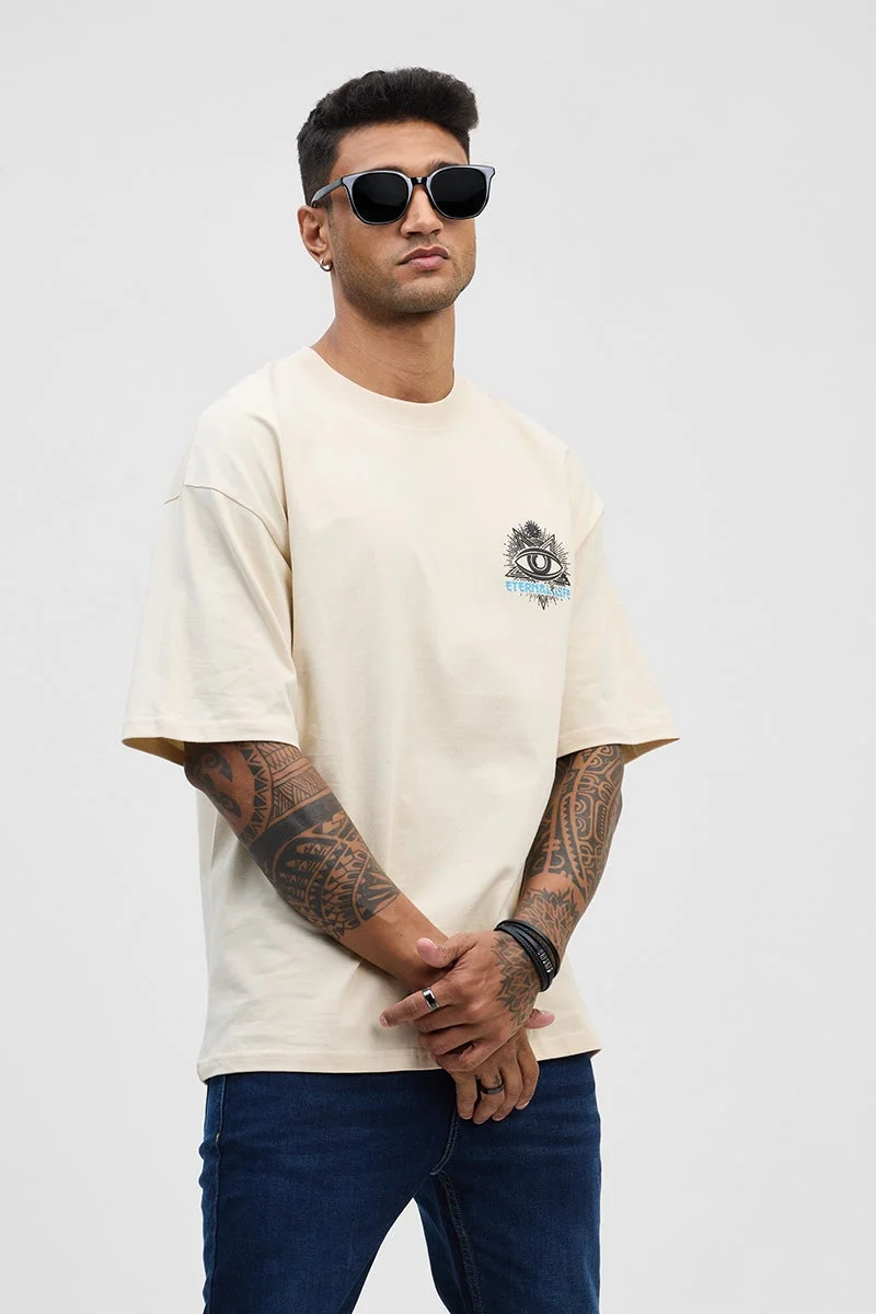 سنيتش Cream Graphic Half Sleeve Oversized Casual T-Shirt