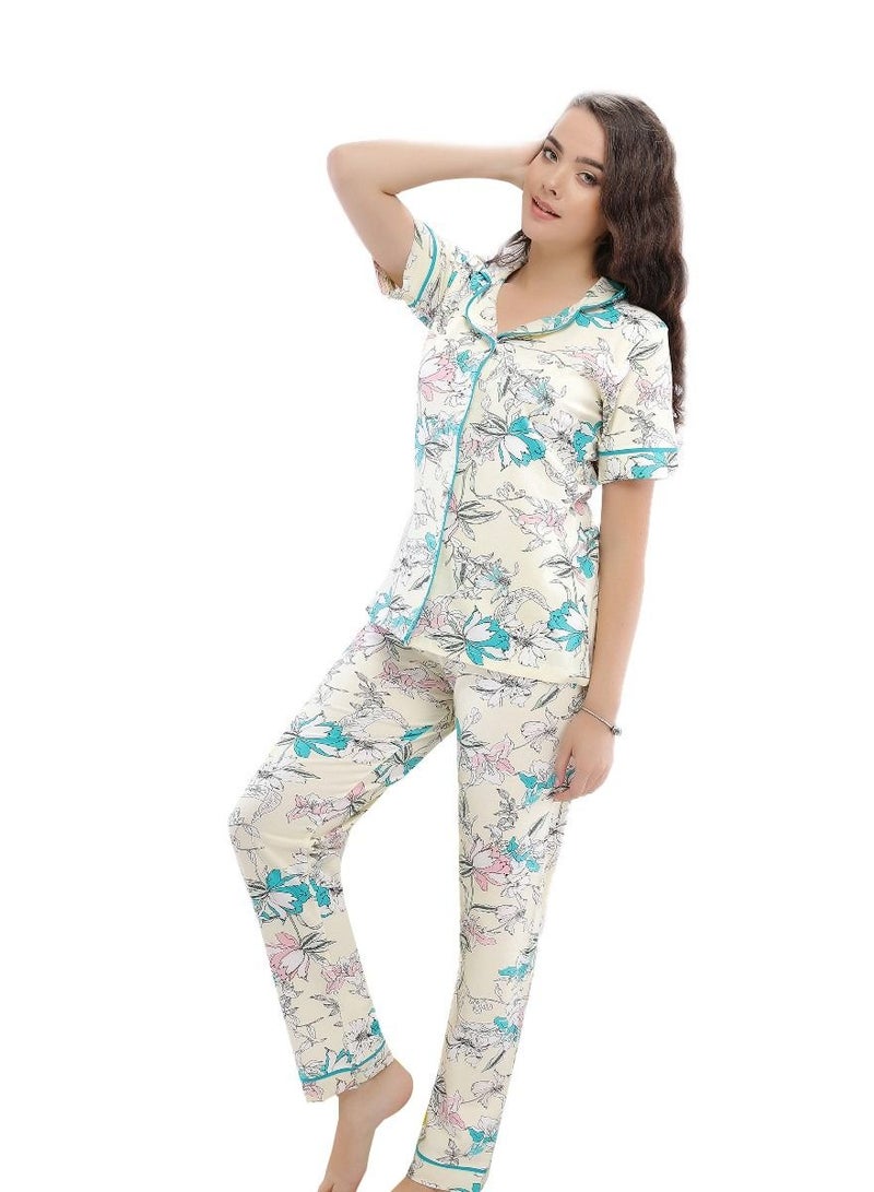 Ganna Pajama set with buttons for women short sleeve and long pants summer cotton