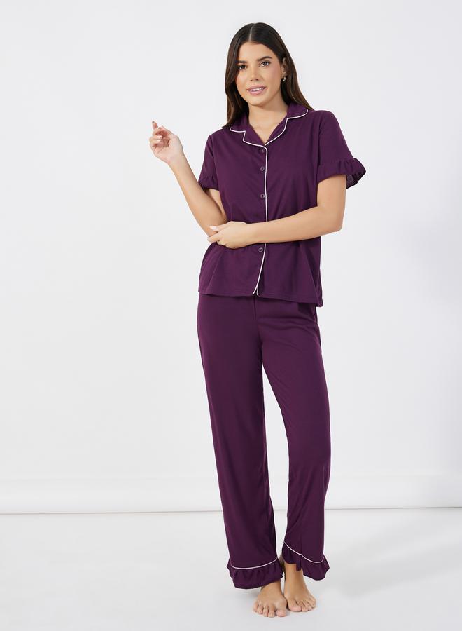 Styli Ruffle Sleeve Contrast Piping Shirt & Pyjama Set  - Image 1