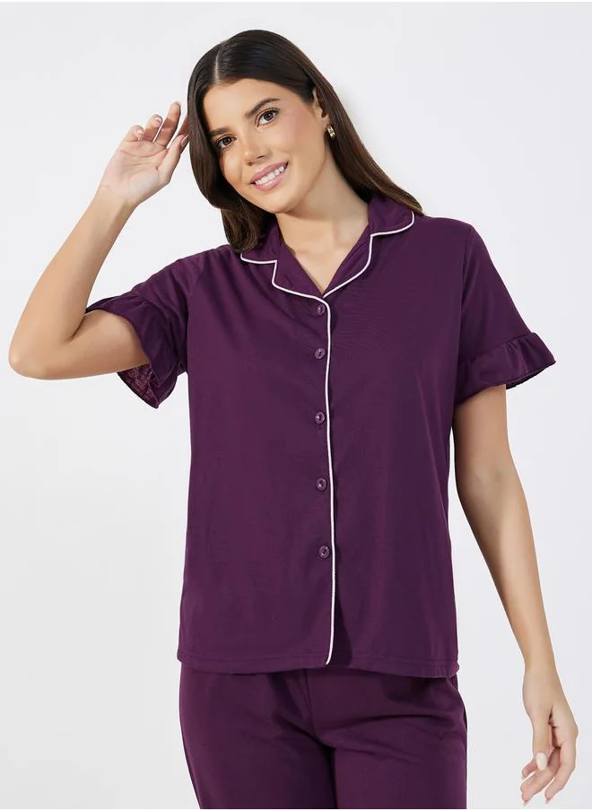 Styli Ruffle Sleeve Contrast Piping Shirt & Pyjama Set