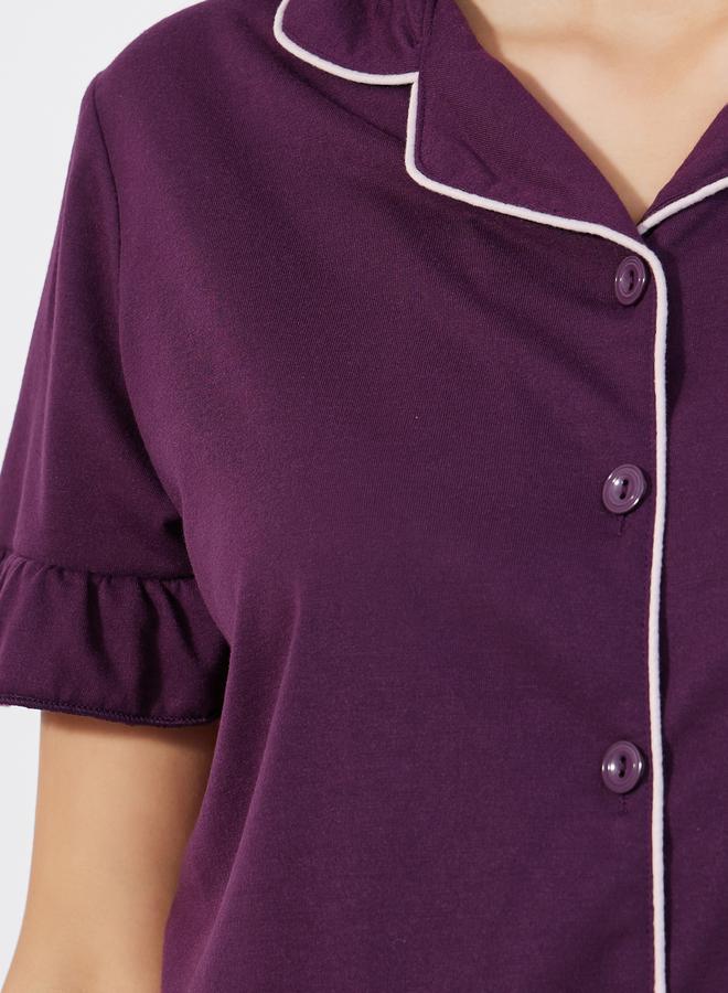 Styli Ruffle Sleeve Contrast Piping Shirt & Pyjama Set  - Image 3