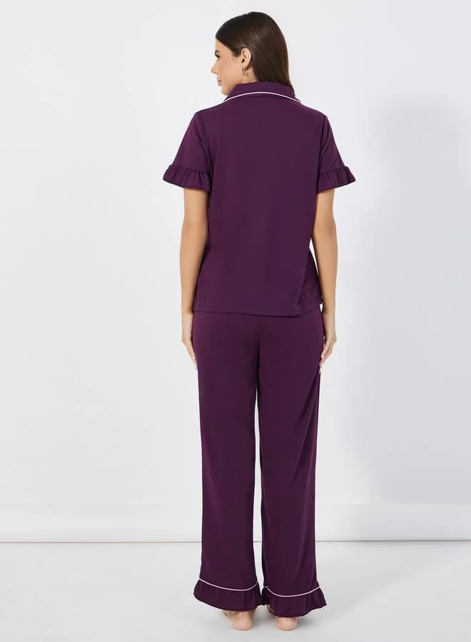 Styli Ruffle Sleeve Contrast Piping Shirt & Pyjama Set