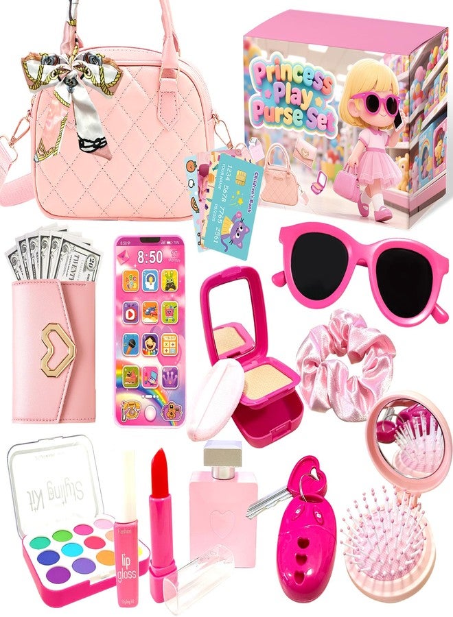 PPXMEEUDC Kids Purse for Girls, Pretend Play Purse Set with Princess Handbag, Phone, Wallet, Keys, Makeup Kit, Toddler Dress Up Toys for Birthday Gifts - Image 1