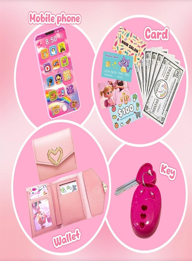 PPXMEEUDC Kids Purse for Girls, Pretend Play Purse Set with Princess Handbag, Phone, Wallet, Keys, Makeup Kit, Toddler Dress Up Toys for Birthday Gifts - Image 4