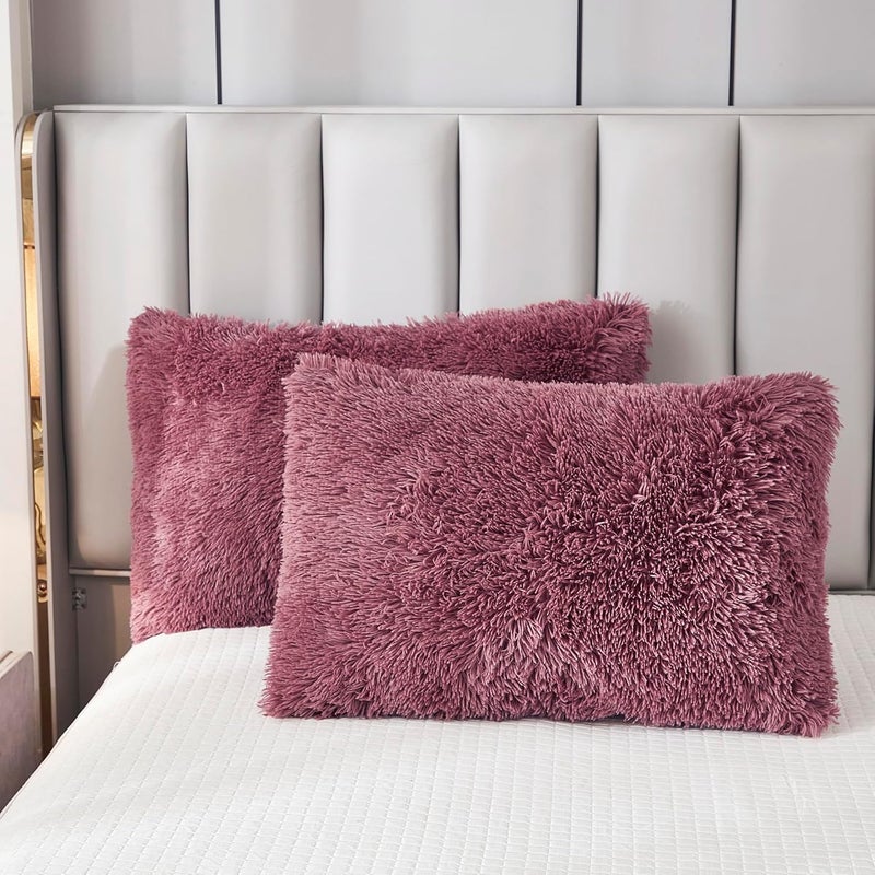 Uhamho Faux Fur Velvet Fluffy Bedding Duvet Cover Set Down Comforter Quilt Cover with Pillow Sham, Ultra Soft Warm and Luxury (Twin, Dusty Rose) - Image 3