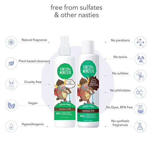 Fresh Monster Hair Detangler Spray & 2-in-1 Shampoo & Conditioner, Coconut, Toxin-Free, Hypoallergenic & Natural (8.5 oz each) - Image 4