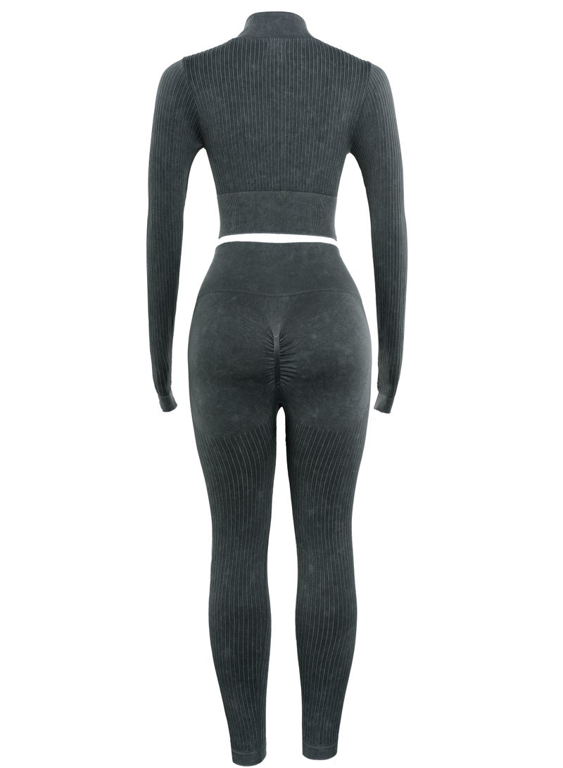 Women's Full Length Zipper Yoga Set - Long Sleeves and Pants, Stretchy and Slim Fit Activewear Perfect for Yoga, Gym and Outdoor Workouts  - Image 4