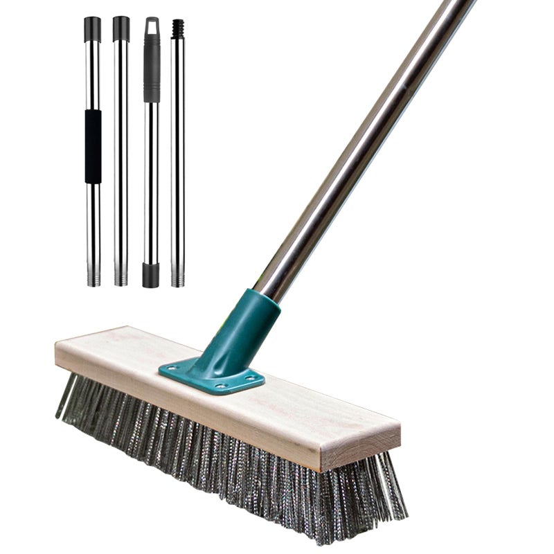 BSMstone Stainless Steel Wire Brush with Long Handle Deck Broom Brush Floor Scrubber Brush for Cleaning Outdoor Broom for Moss, Tough Stains on Concrete, Grout, Garden, Garage, Patio, Swimming Pool - Image 1