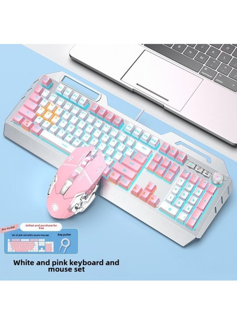 Forerunner TK900 Mechanical Keyboard Wired Mouse Suit Game Computer Electronic Competition Green Axis Wireless Keyboard Mouse Special-Color:White Pink [Blue Green Shaft] Multi-function Knob + E-race Macro Mouse