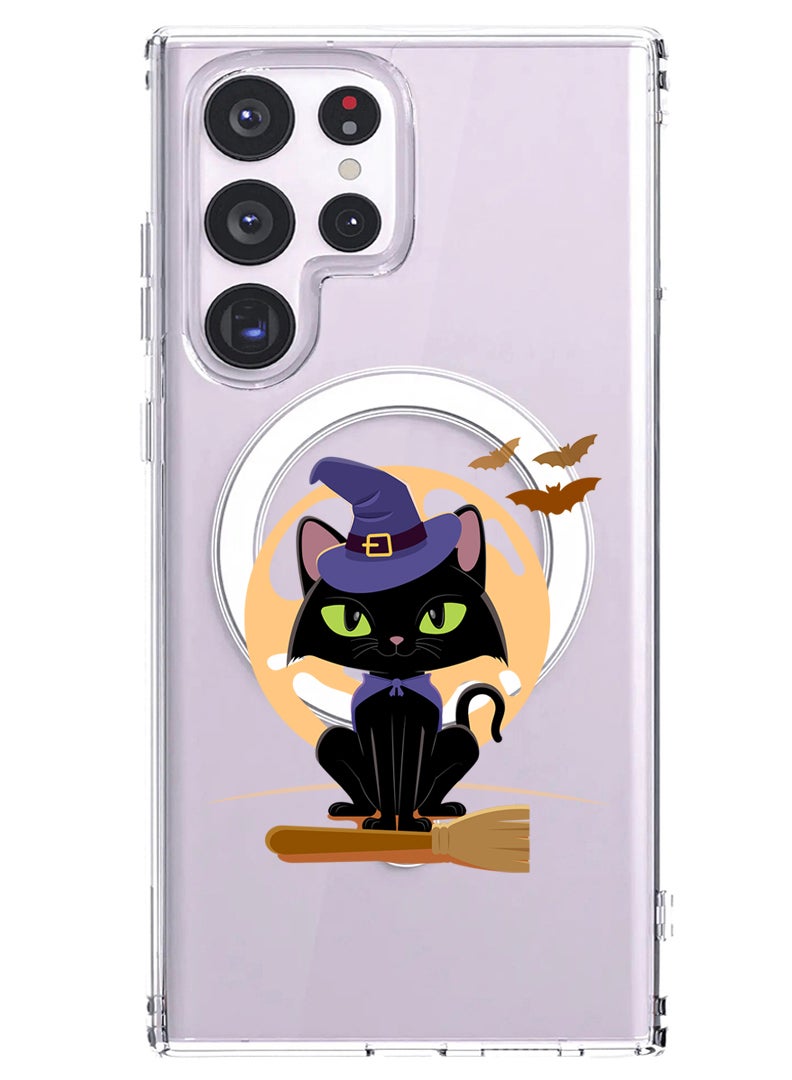 Theodor Magnetic Case for Samsung Galaxy S23 Ultra 6.8-inch Compatible with MagSafe Wireless Charging, Shockproof Phone Bumper Cover Cat Halloween with broom - Image 1