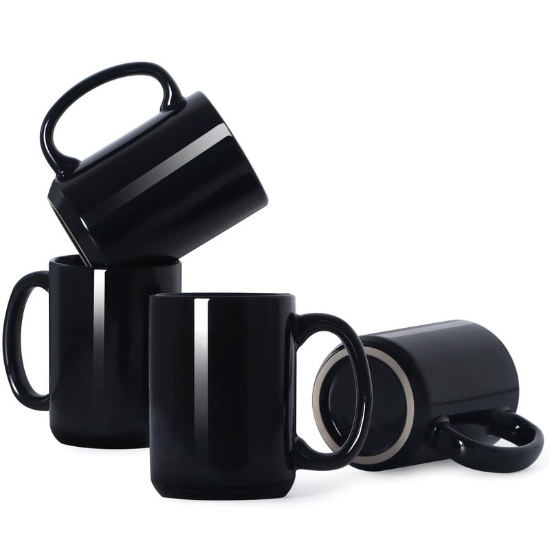Smilatte 16 OZ Porcelain Coffee Mugs Classic Blank Ceramic Cup with Large Handle for Tea Latte Cappuccino Set of 4 Black