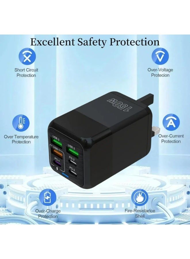 USB C Plug Fast Charging, 150W Fast Charger Plug, 6-Port Charger (3PD Type C port+3QC USB A port), UK wall charger charging plug, compatible with iPhone 11/12/13/14/15 series/XS/XR/SE/8/iPad - Image 3