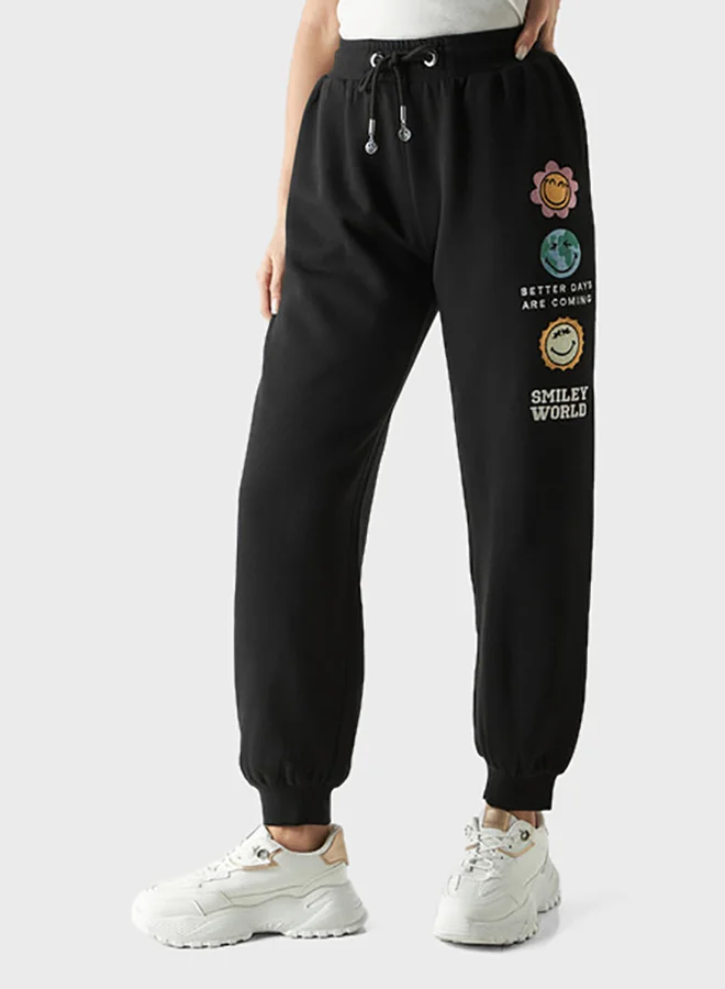 SP Characters Smiley Embroidered Joggers with Drawstring Closure