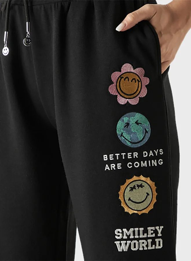 SP Characters Smiley Embroidered Joggers with Drawstring Closure