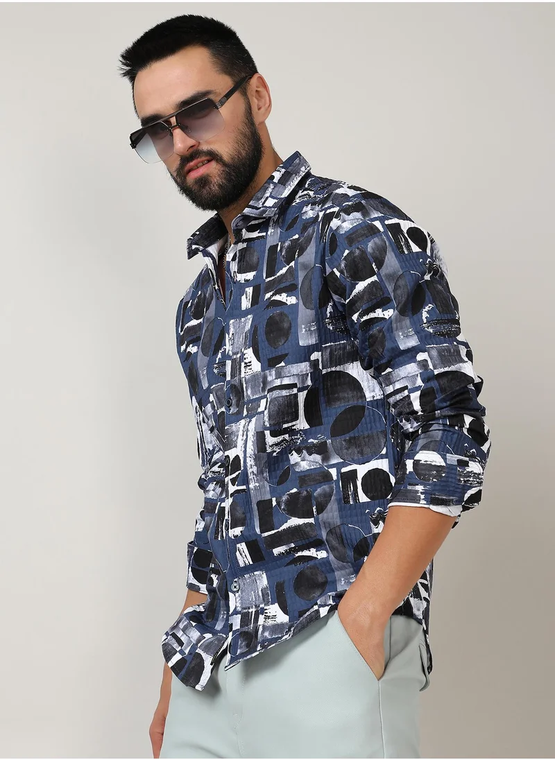 Campus Sutra Men's Navy Blue & Midnight Black Abstract Geometric Shirt