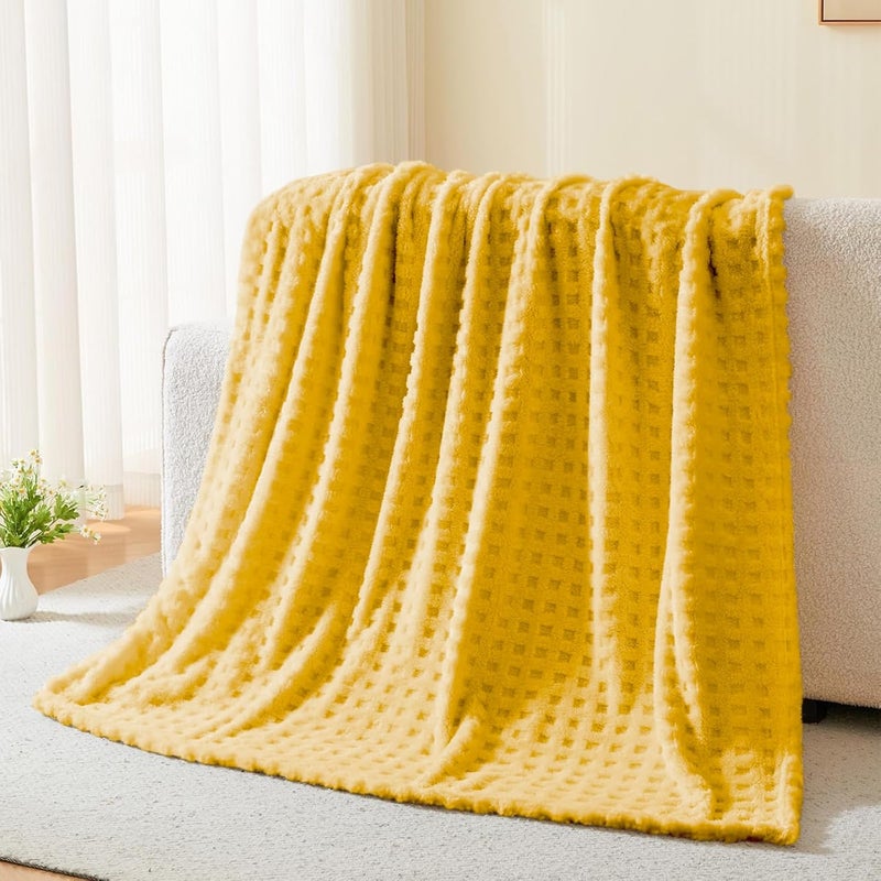Wajade Fleece Throw Blanket, Fluffy Faux Fur Blanket for Bed Sofa Couch, Soft Warm Thick Blanket,Waffle Yellow-127X178 - Image 5